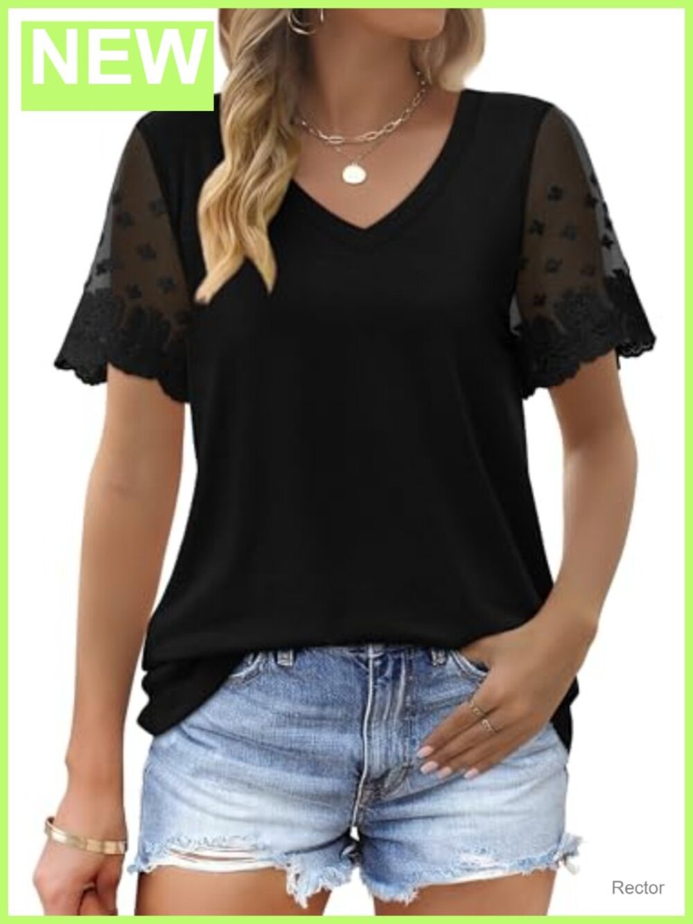 Womens V-Neck Lace Short Sleeve T-Shirt Curved Hem Loose Fit Casual Top